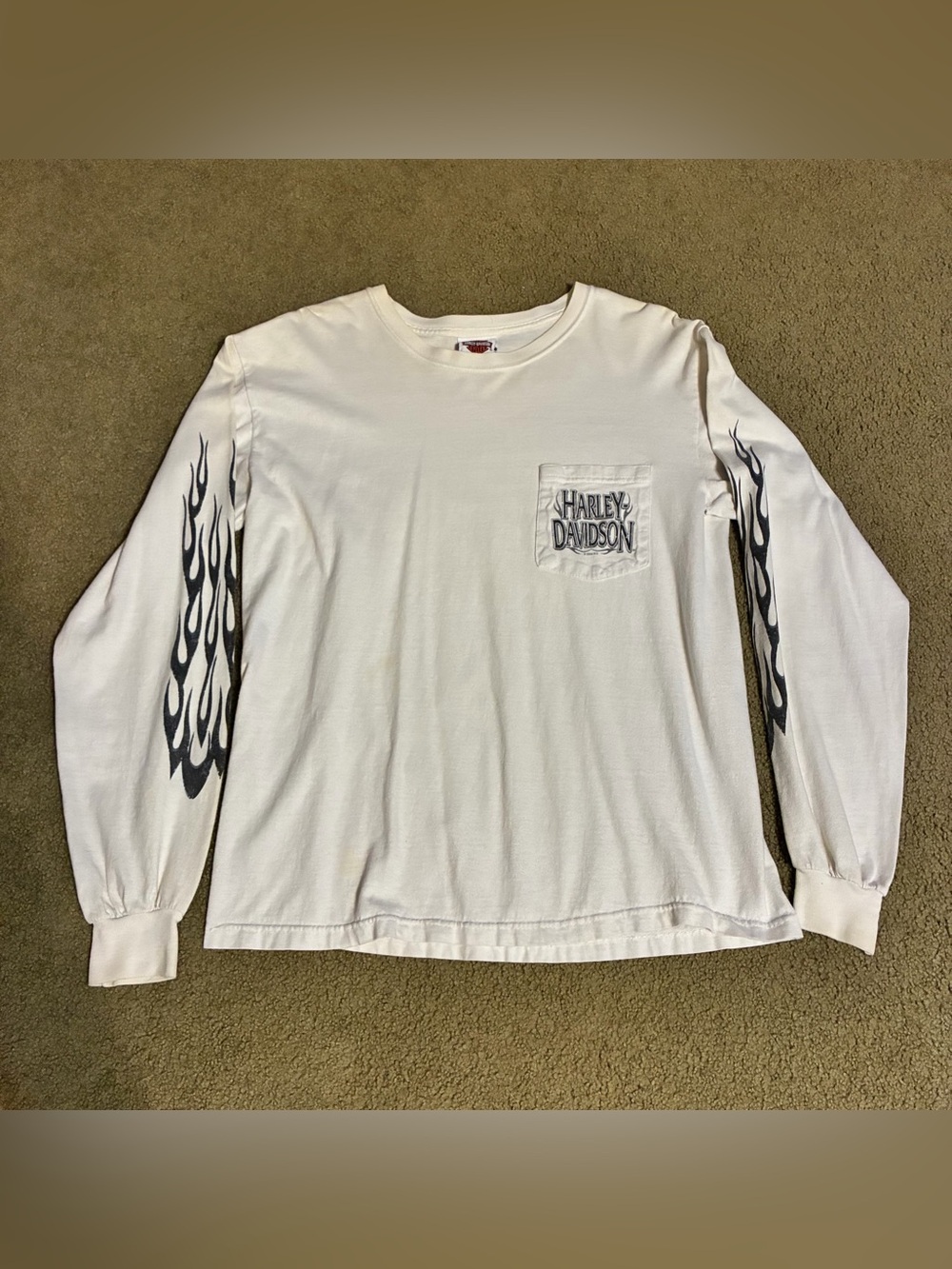 Harley-Davidson White Long Sleeve T-shirt Black Flame Sleeves Motorcycle Biker M
